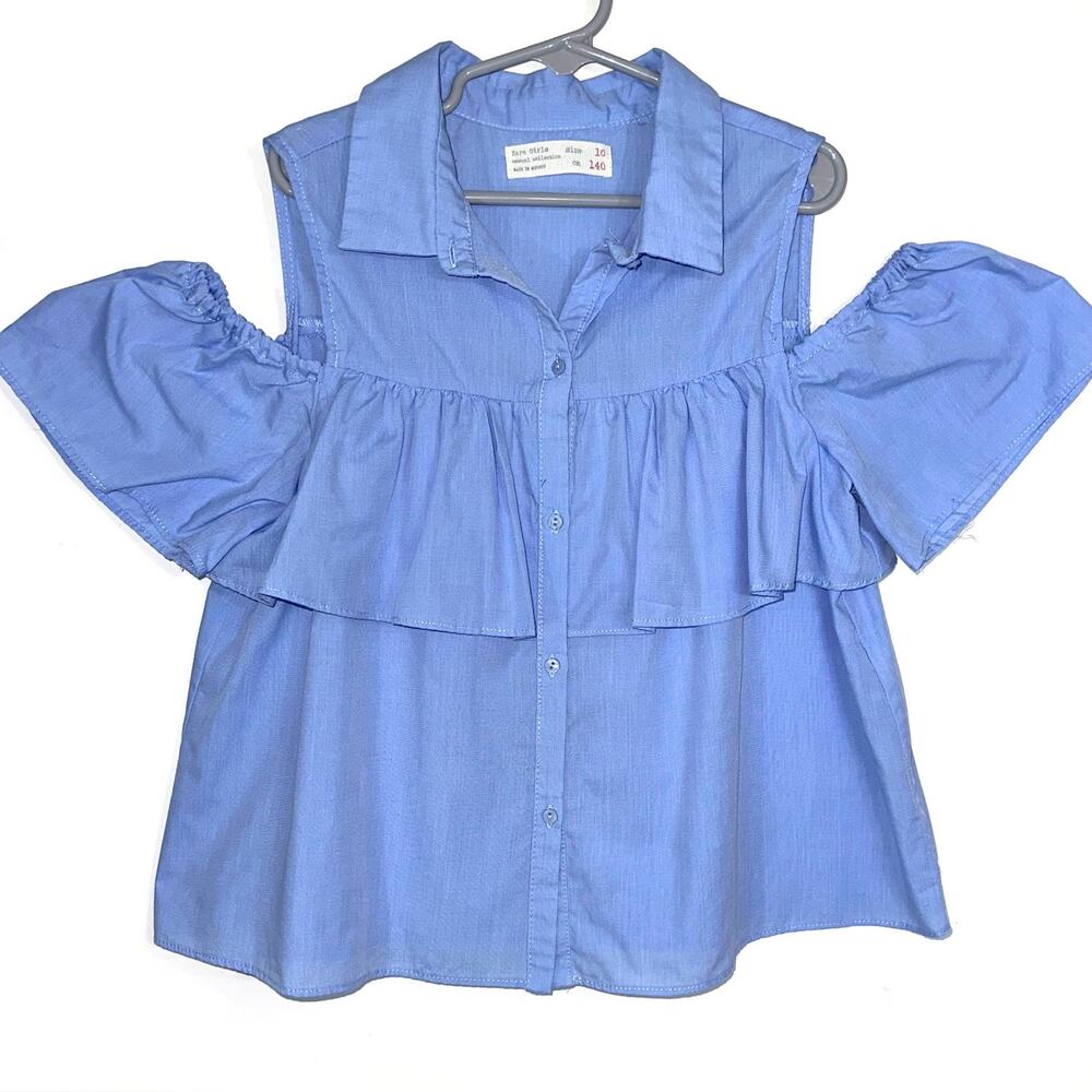 Zara Girls Blue Ruffle Cold Shoulder Short Sleeve Button Up Top Size 10